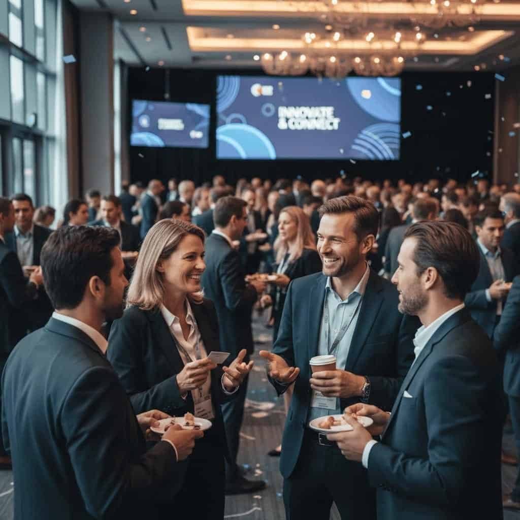 A group of business professionals converse and network during a conference event in a large, well-lit venue with many attendees in the background.