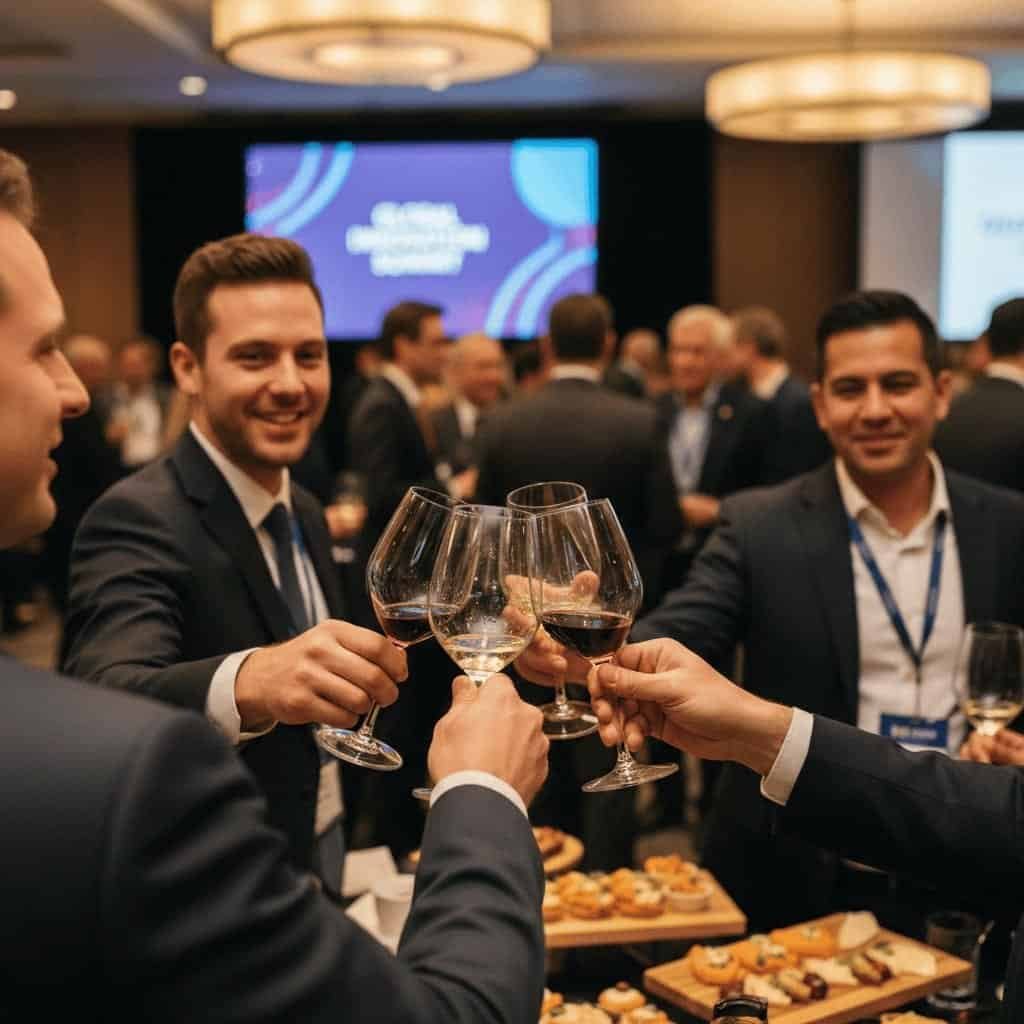 People in business attire clink wine glasses at a networking event, with appetizers on the table and a presentation screen in the background.