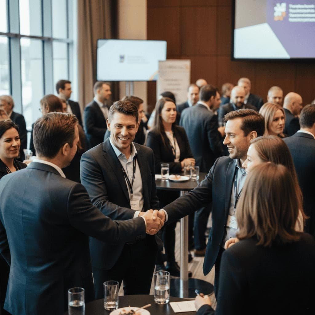 A group of business professionals in formal attire engage in conversation and handshakes at a networking event in a conference room.