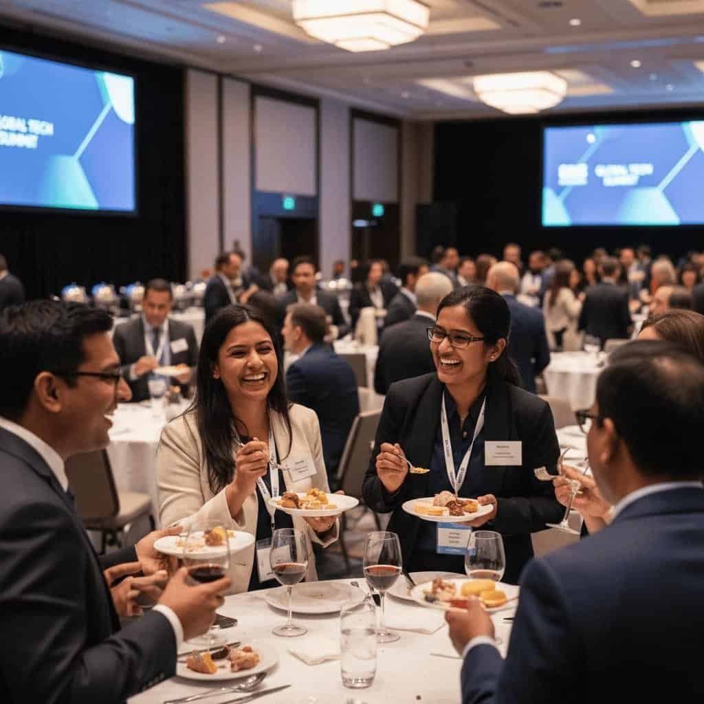Business professionals in formal attire converse and eat at round tables during a networking event in a large conference room.