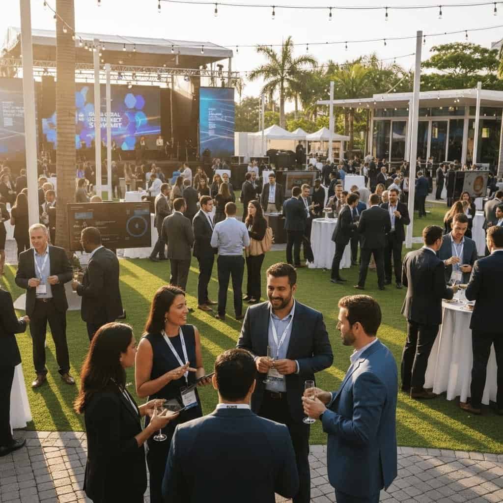 People in business attire gather outdoors at a networking event with tables, drinks, and a stage in the background under string lights.