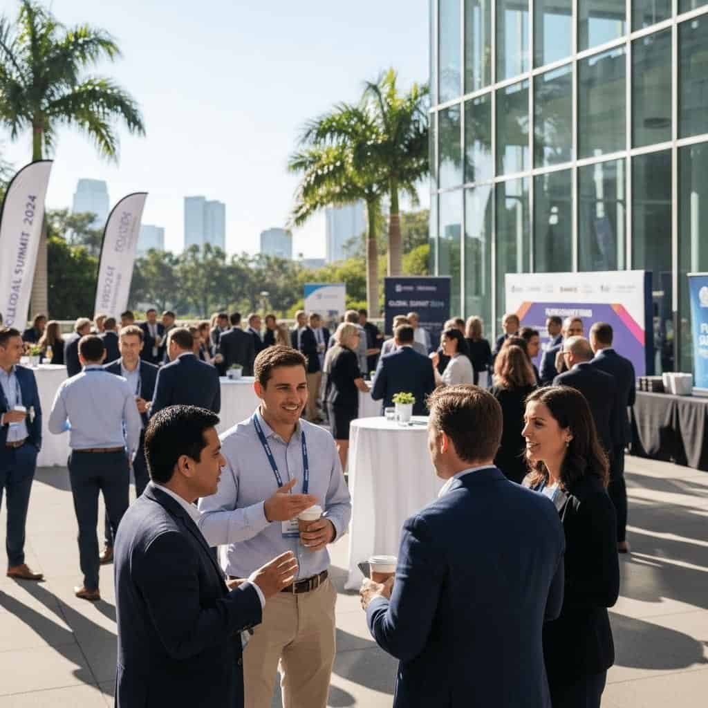 Business professionals converse outdoors at a networking event with banners, palm trees, and a city skyline in the background.