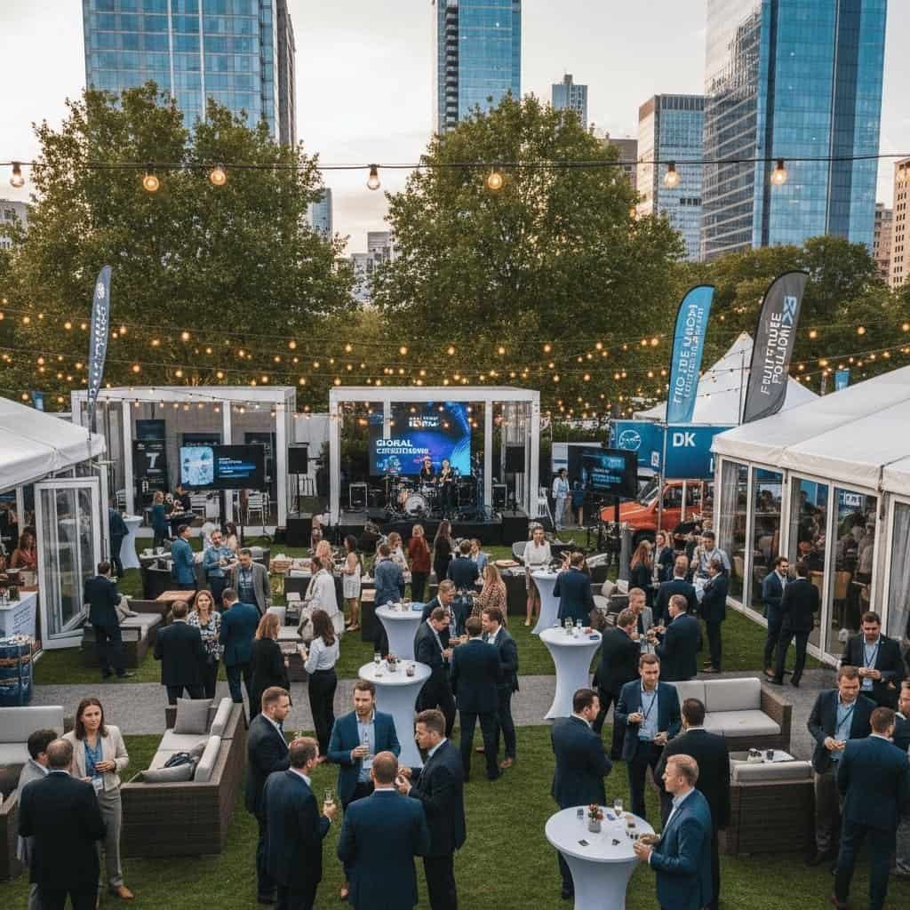 People in business attire gather at an outdoor networking event with tents, cocktail tables, and a stage, set against a backdrop of tall city buildings and string lights.