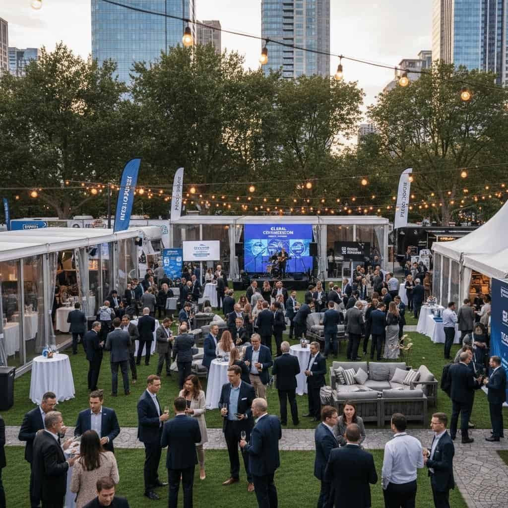Outdoor business event with people in formal attire networking, booths and seating areas, string lights overhead, and city buildings in the background.